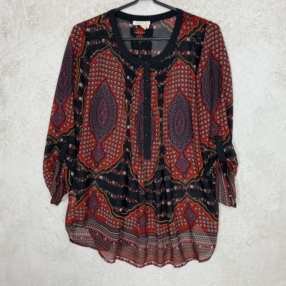 Meadow Rue Anthropologie Boho Medallion Print Blouse Flowy Sheer Indie Chic Top